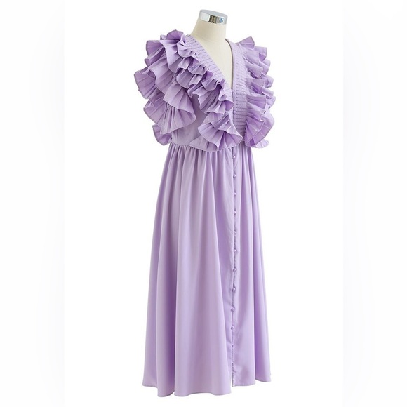 PLEATED RUFFLE BUTTONED DEEP V-NECK DRESS IN LILAC - Picture 10 of 14